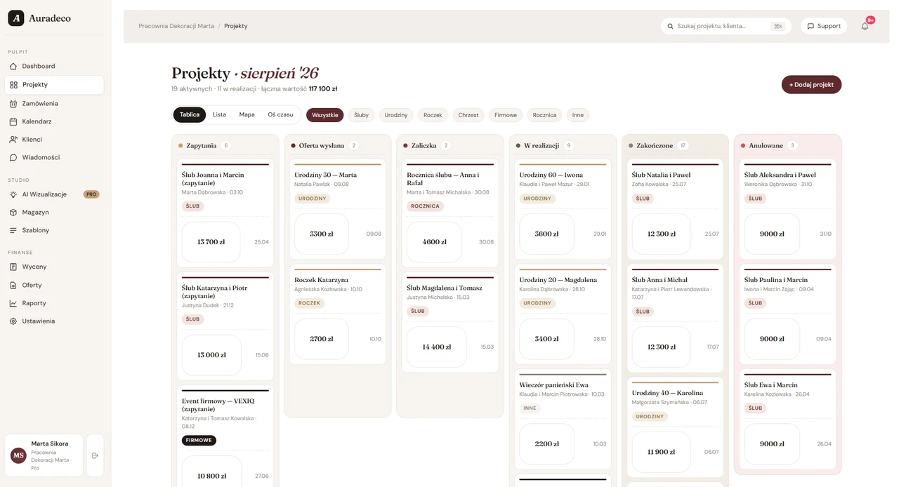 Tablica projektów w kolumnach: zapytania, oferta wysłana, zaliczka, w realizacji, zakończone